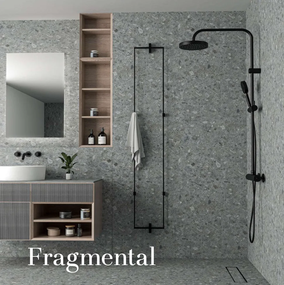 Bathroom interior finished in terrazzo-effect porcelain across floor and walls