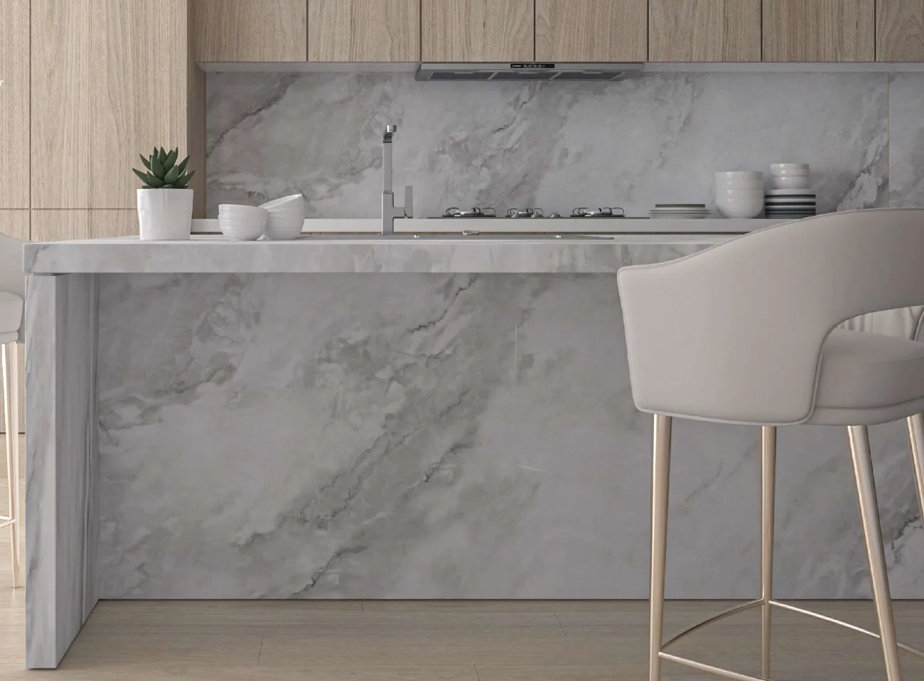 Kitchen island and worktop wrapped in veined porcelain slab