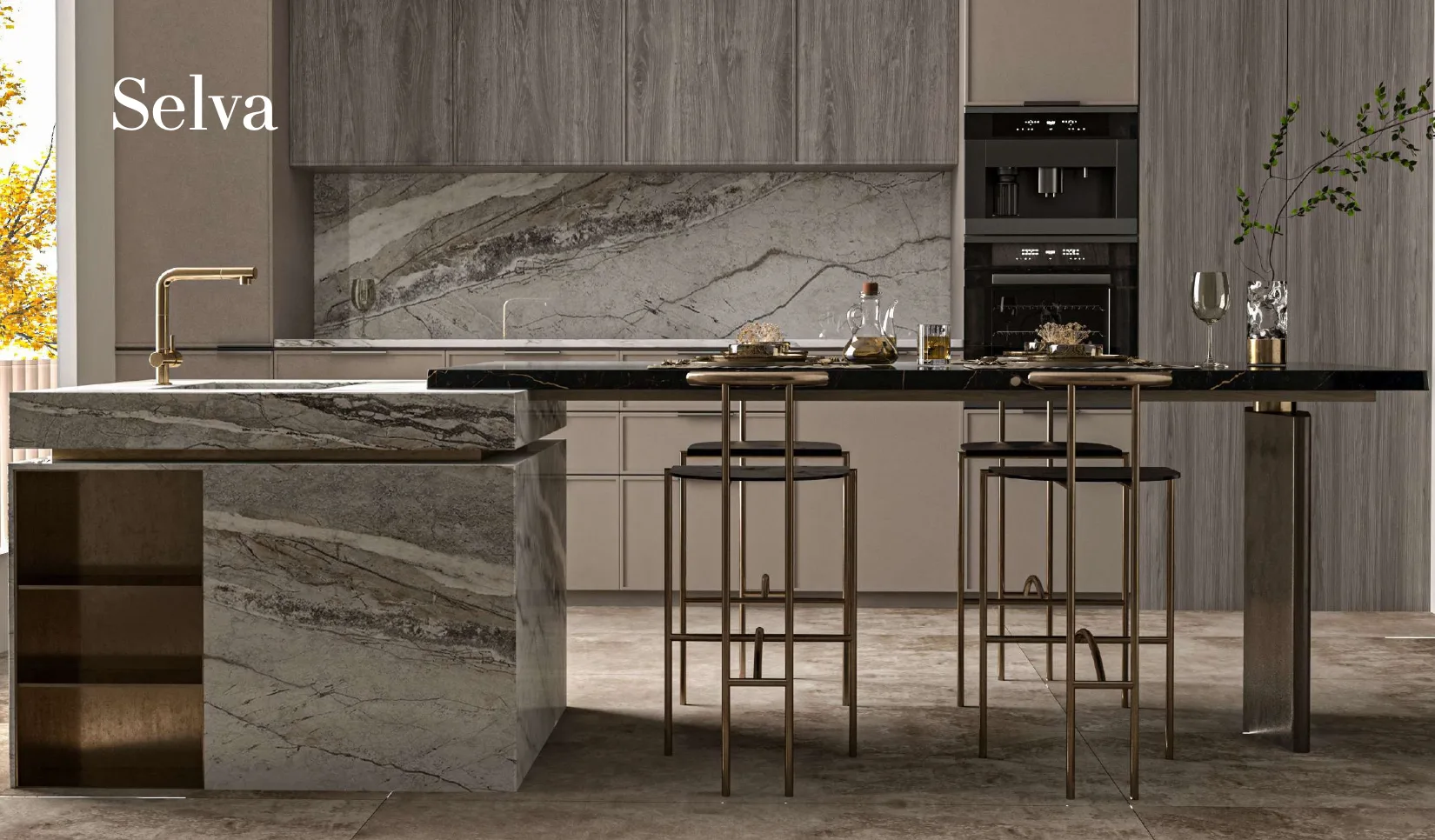 Kitchen with porcelain slab island and worktop
