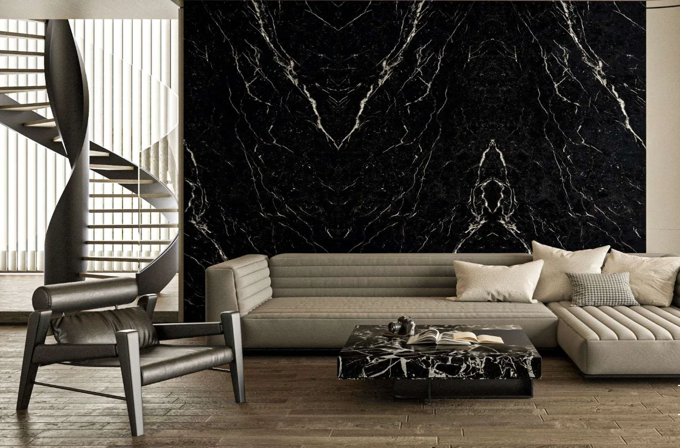 Living room with dramatic marble-look porcelain feature wall
