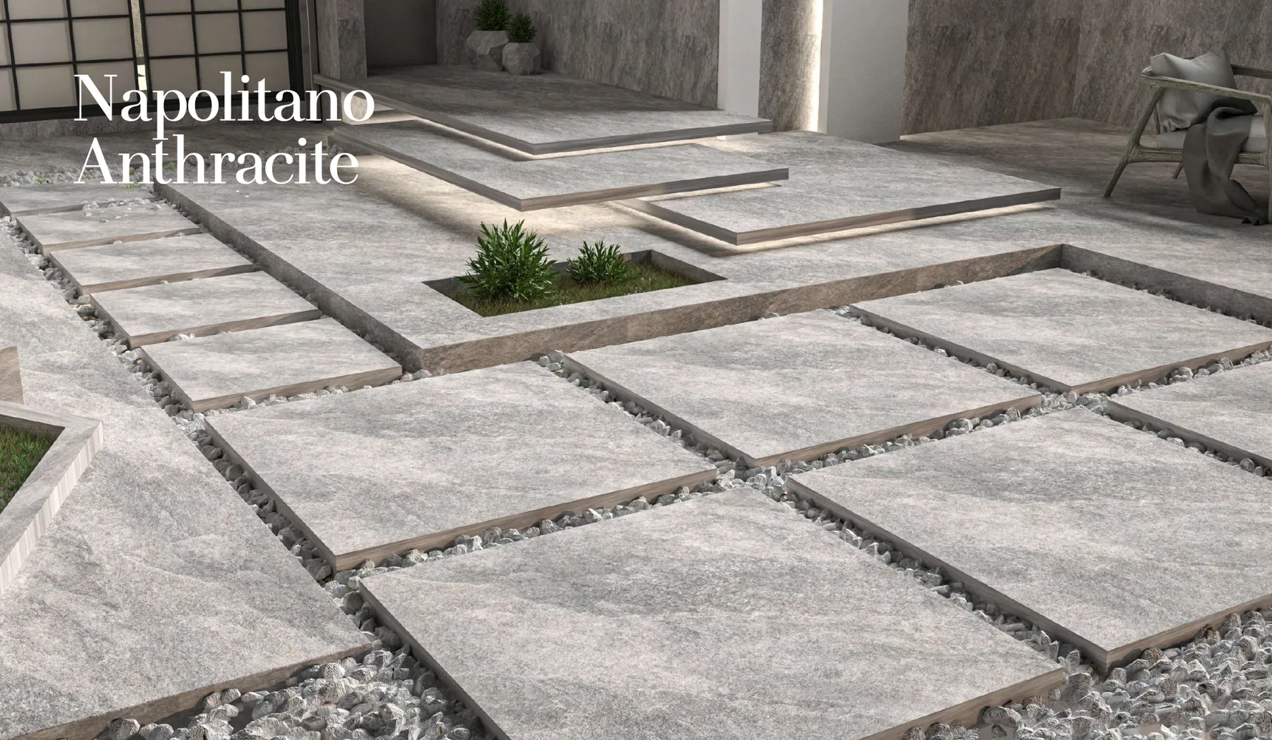 Outdoor patio finished in textured exterior-rated porcelain pavers
