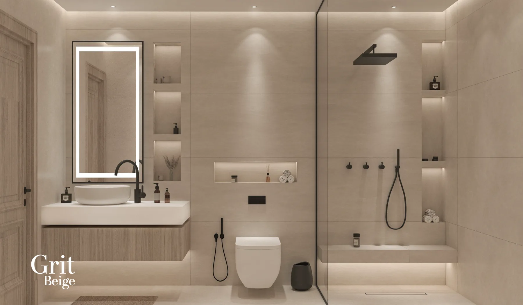 Close-up of warm, travertine-look porcelain tile surface with natural veining and stone texture