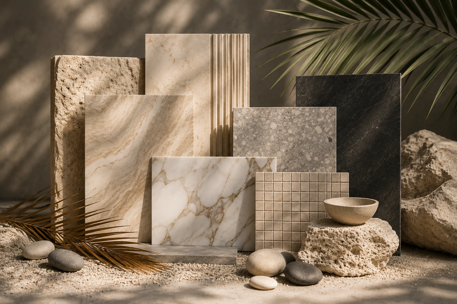 Curated arrangement of marble, limestone, terrazzo and mosaic material samples on sand, evoking UAE building-material selection