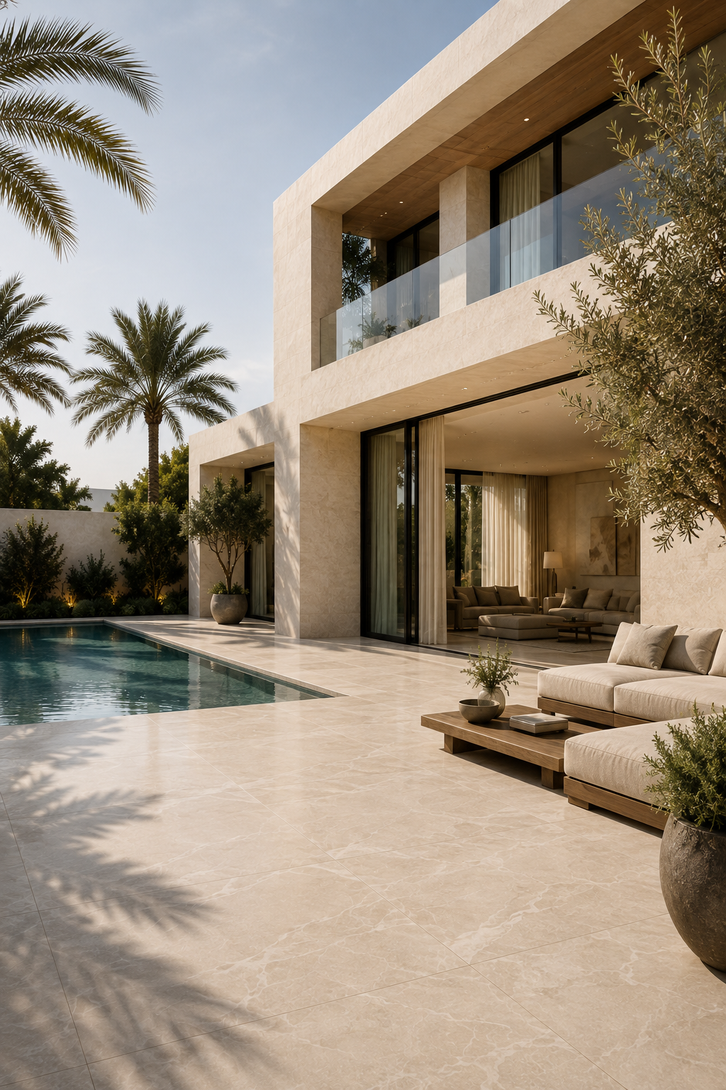 Contemporary UAE villa terrace in warm travertine-look porcelain, with a pool, palm trees and an open living room beyond