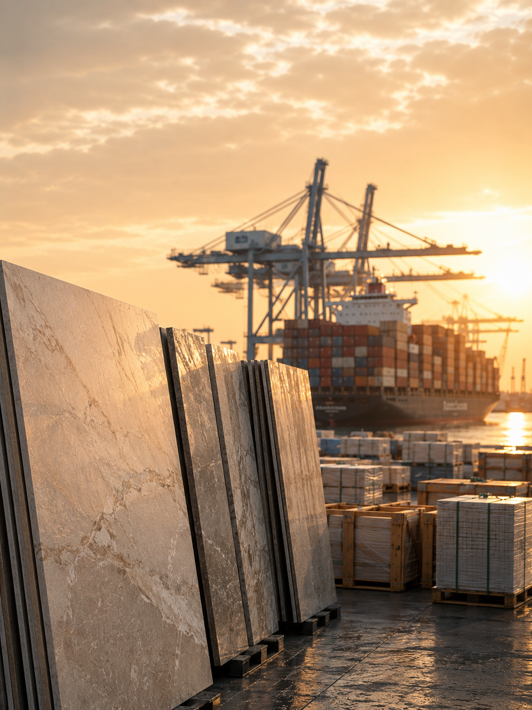Stacked porcelain slabs on a dockside at sunset, with gantry cranes and a loaded container ship in the background