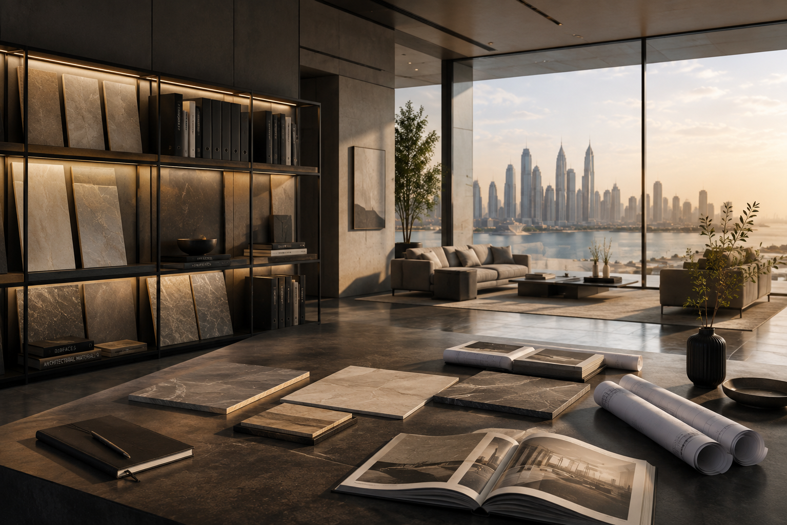 Architectural material samples, drawings and specification books laid out on a table in a design studio overlooking a city skyline