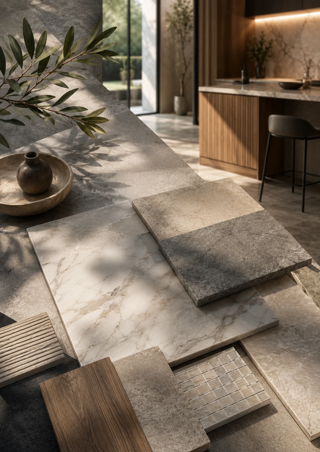 Porcelain and marble tile samples arranged on a kitchen island beside an olive branch, illustrating material selection in progress