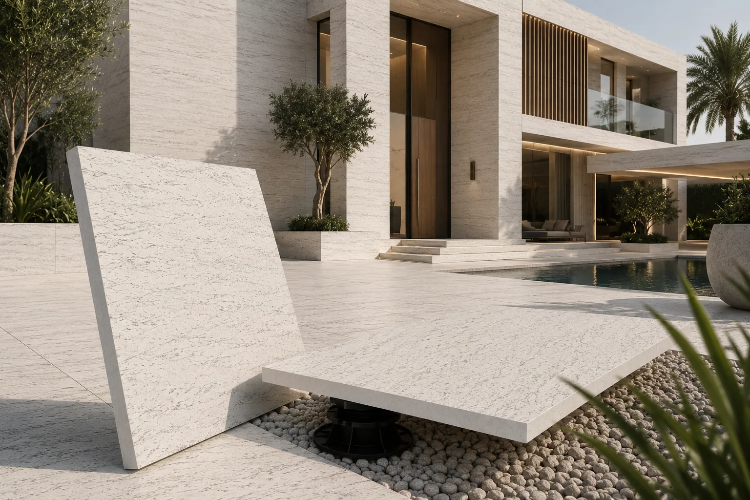 Architectural visualisation of a large-format 2cm outdoor porcelain paver raised on an adjustable pedestal support beside a villa forecourt