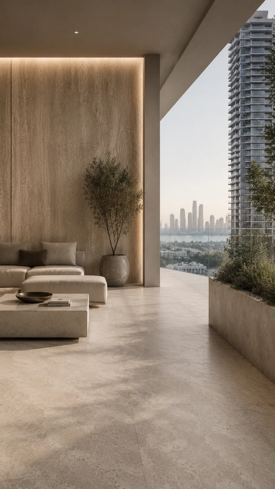 Architectural visualisation of a premium high-rise terrace with stone-effect porcelain flooring continuing from the interior to an open city-view balcony