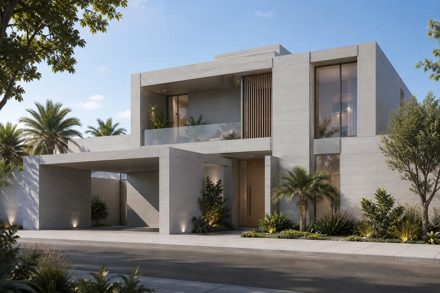 Architectural visualisation of a cool grey stone-effect porcelain villa façade with minimalist massing and landscaped frontage