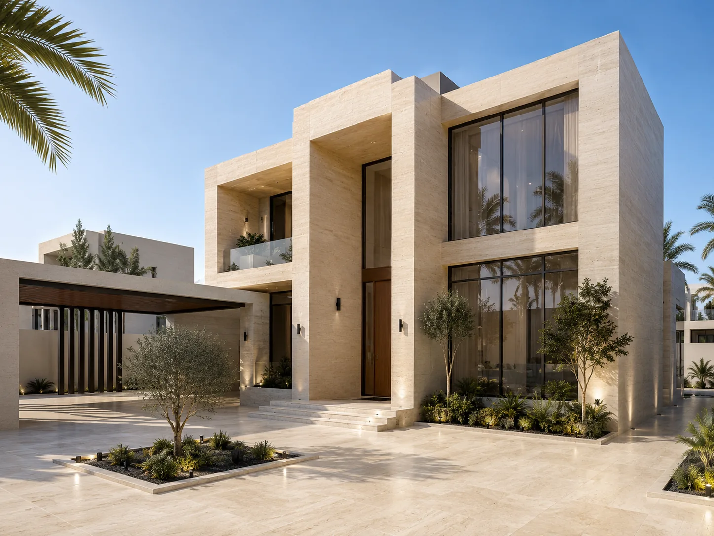 Architectural visualisation of a contemporary travertine-clad villa with large-format porcelain façade and paving