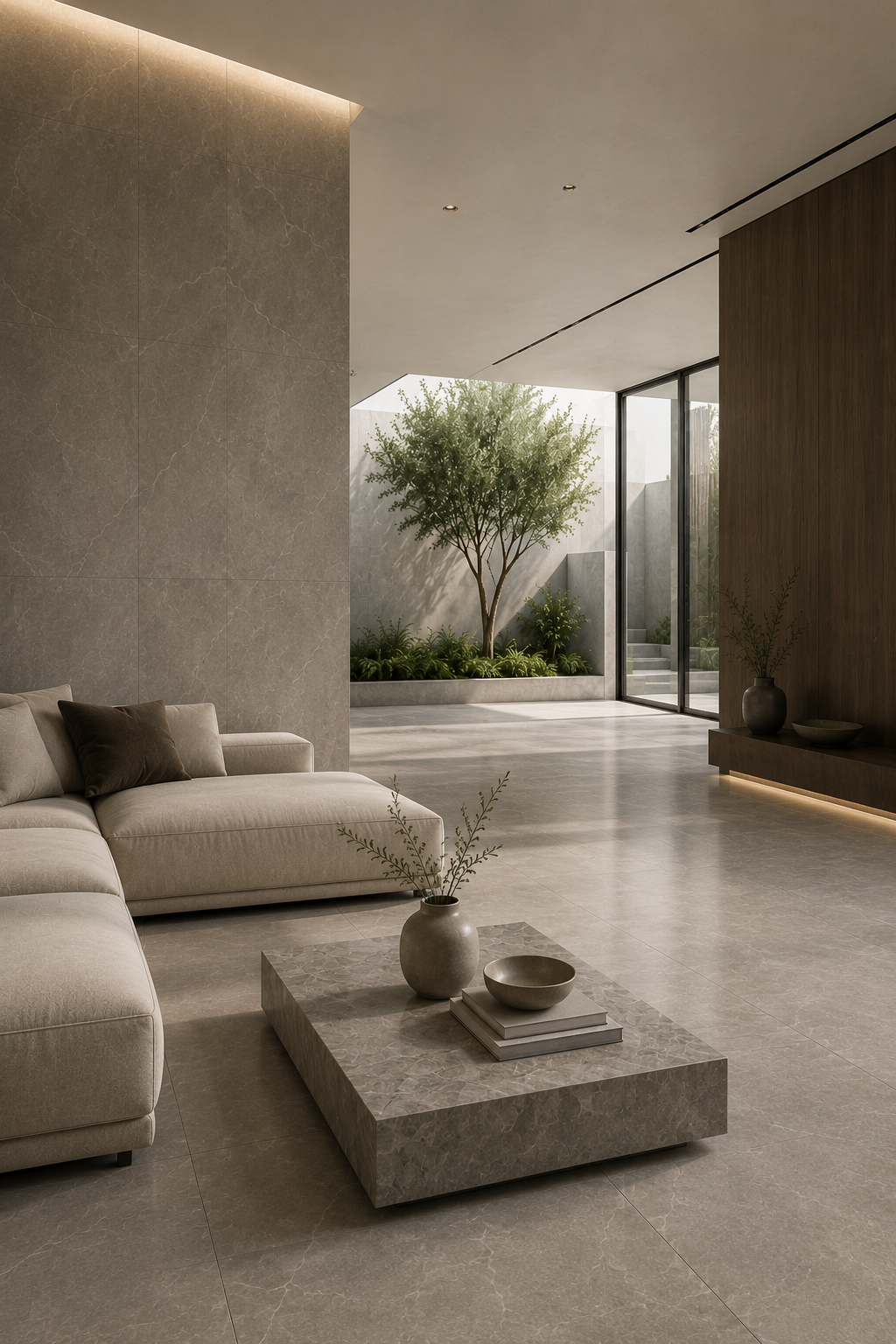 Grey-toned large-format porcelain flooring running from an Abu Dhabi interior out into a private courtyard with a pool