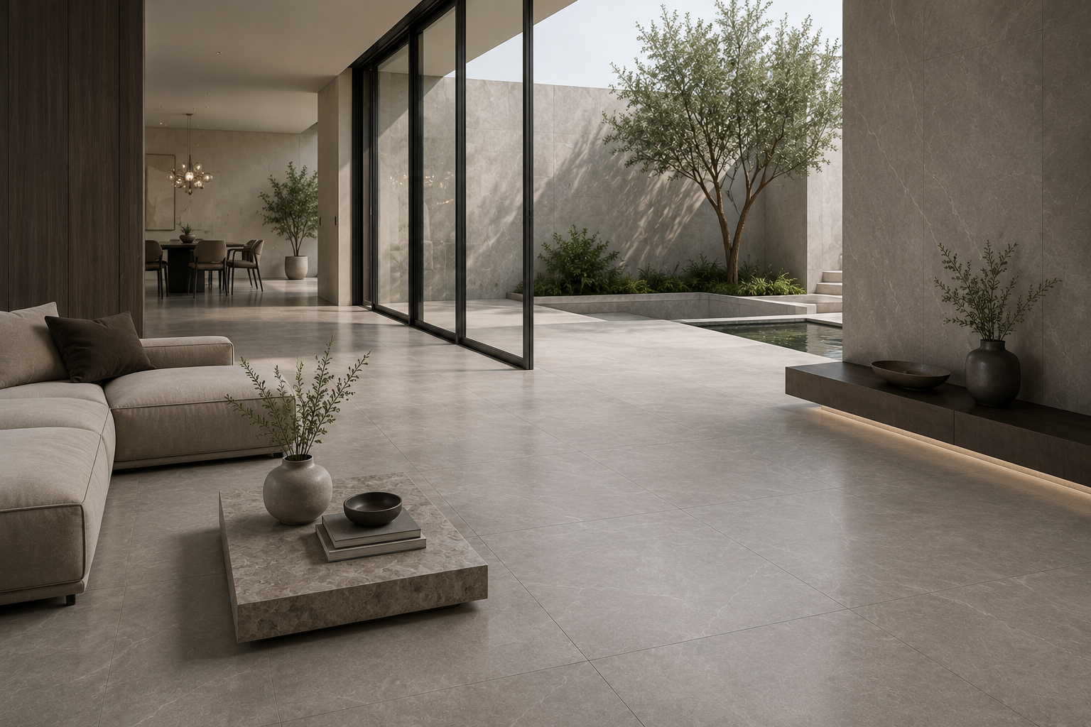 Contemporary Abu Dhabi interior with large-format grey porcelain flooring opening onto a courtyard through full-height glass doors
