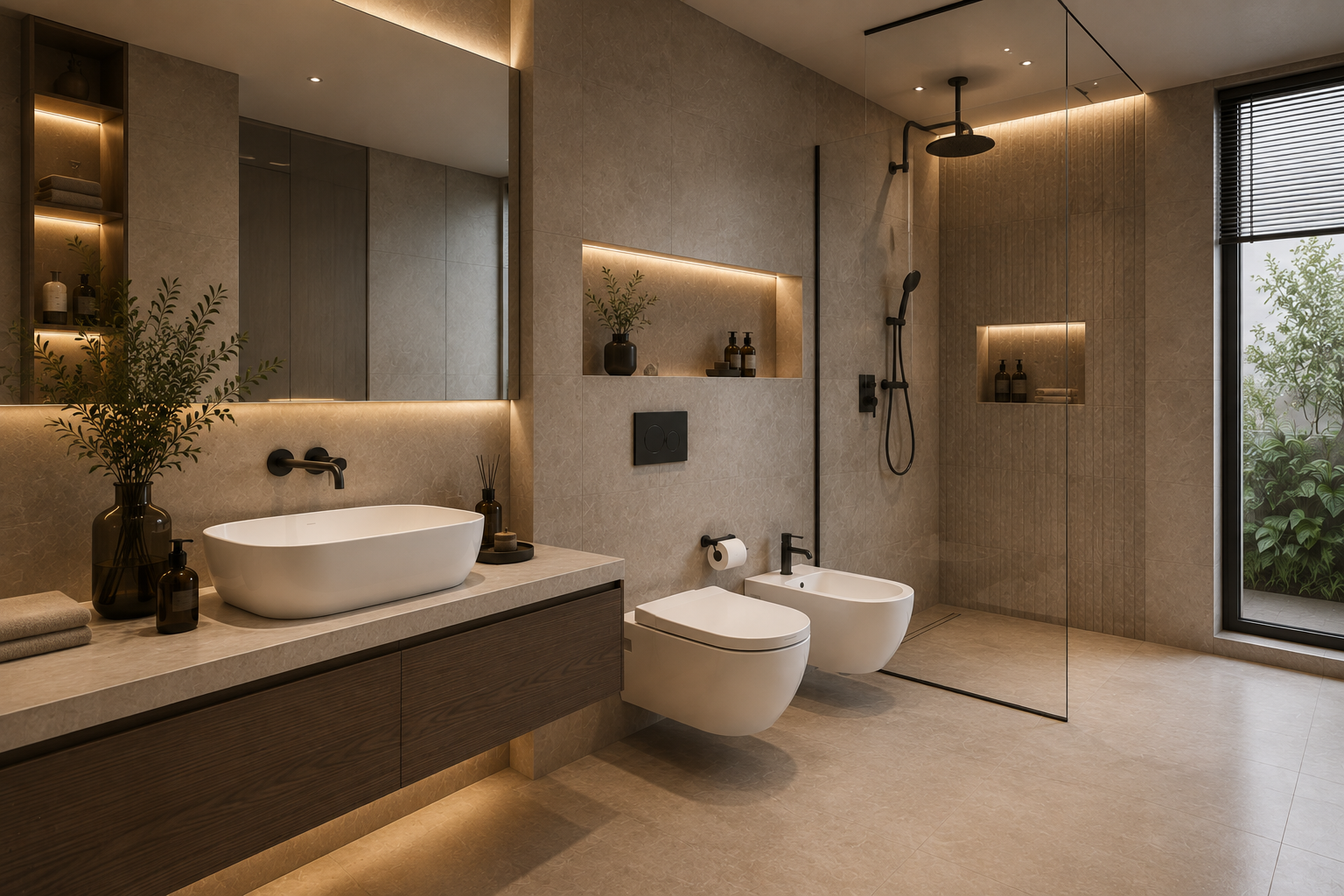 A washbasin, wall-hung WC and bidet coordinated with a walk-in shower in a contemporary bathroom with warm porcelain surfaces and a backlit mirror