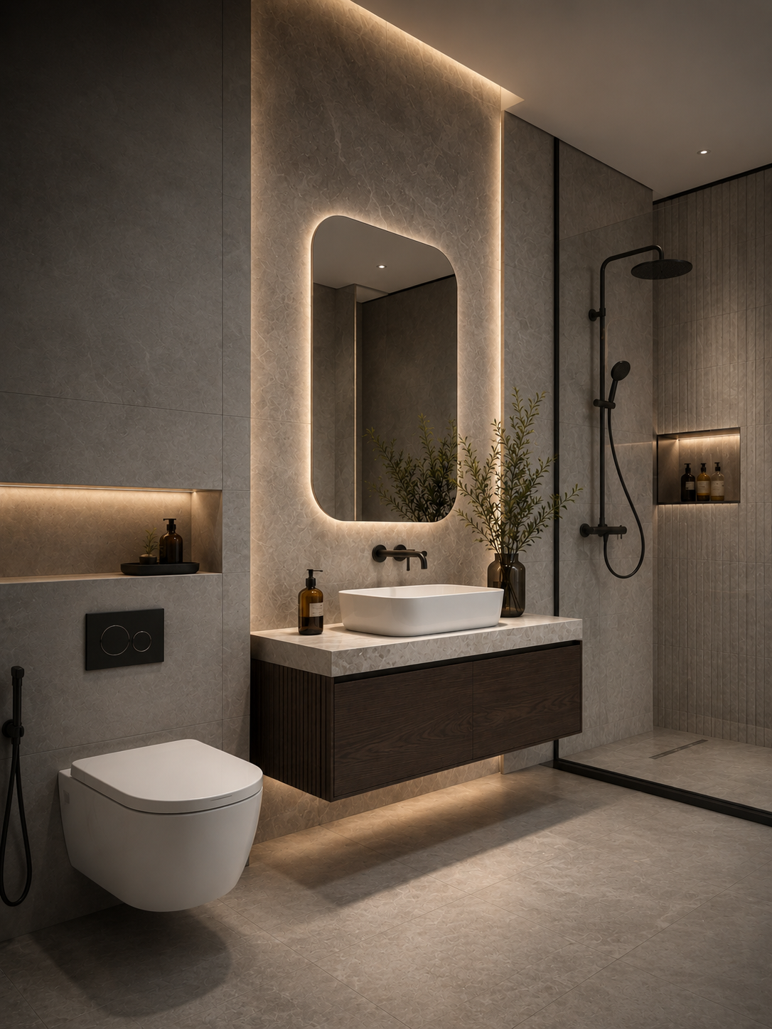 Contemporary bathroom with a wall-hung WC, backlit stone-look mirror, floating vanity and walk-in shower with matte black fittings