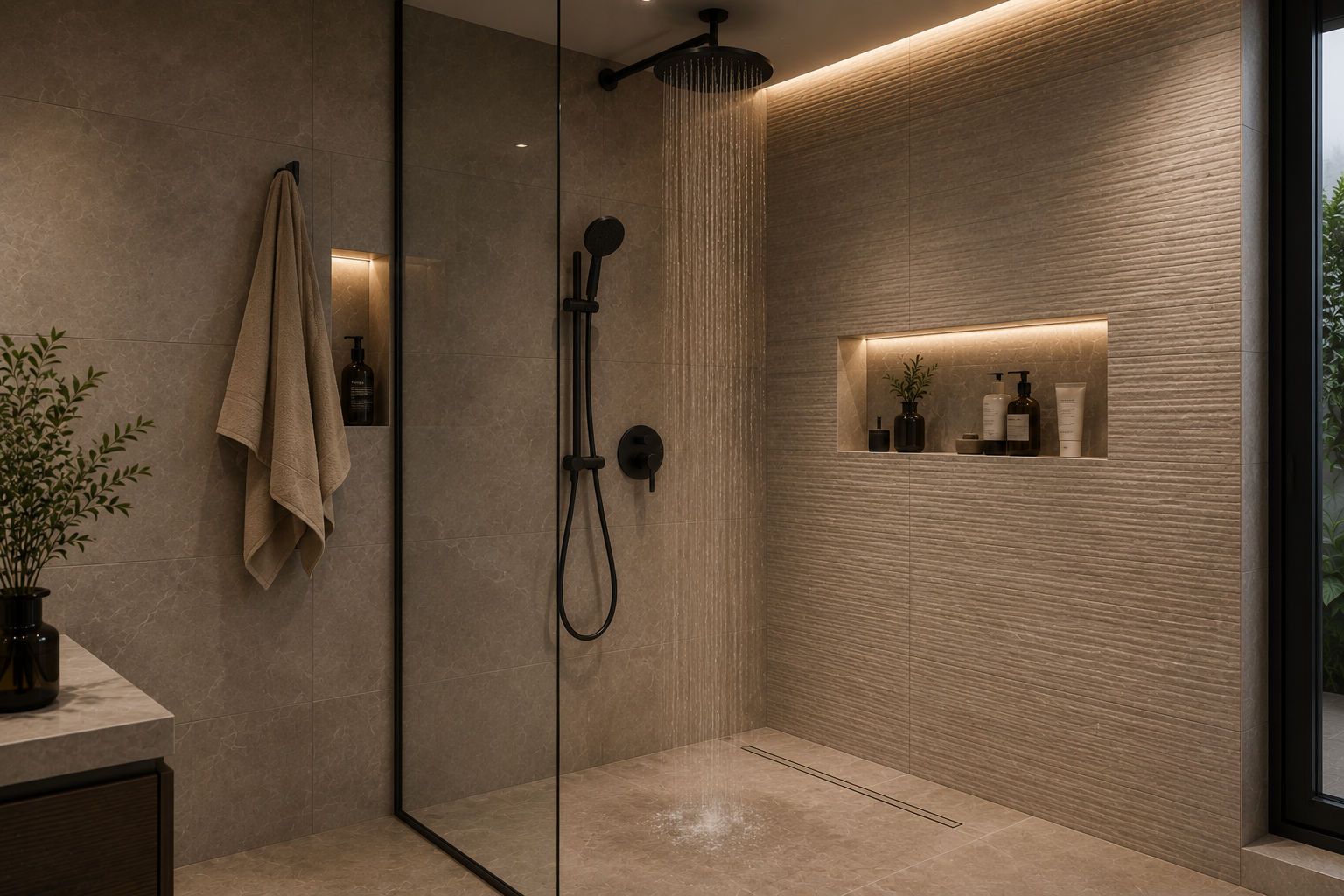 A matte black overhead rain shower and hand shower on a concealed mixer in a walk-in shower with a lit tiled niche and towel hook