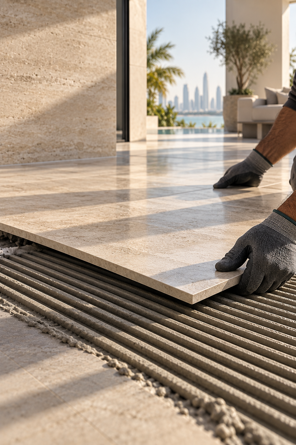 A tiler's gloved hands setting a large-format travertine-look porcelain slab into notched cement adhesive on an open-air terrace, with a Gulf city skyline beyond